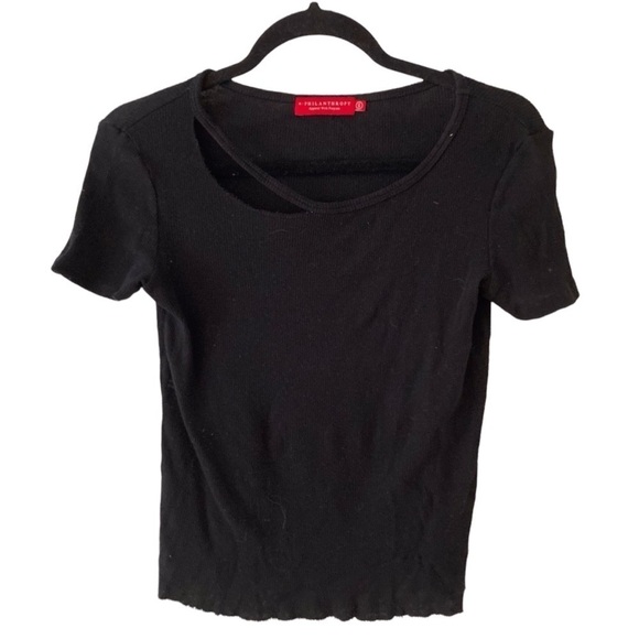 n: Philanthropy Distressed Ribbed Cutout Tee Short Sleeves - Picture 3 of 6